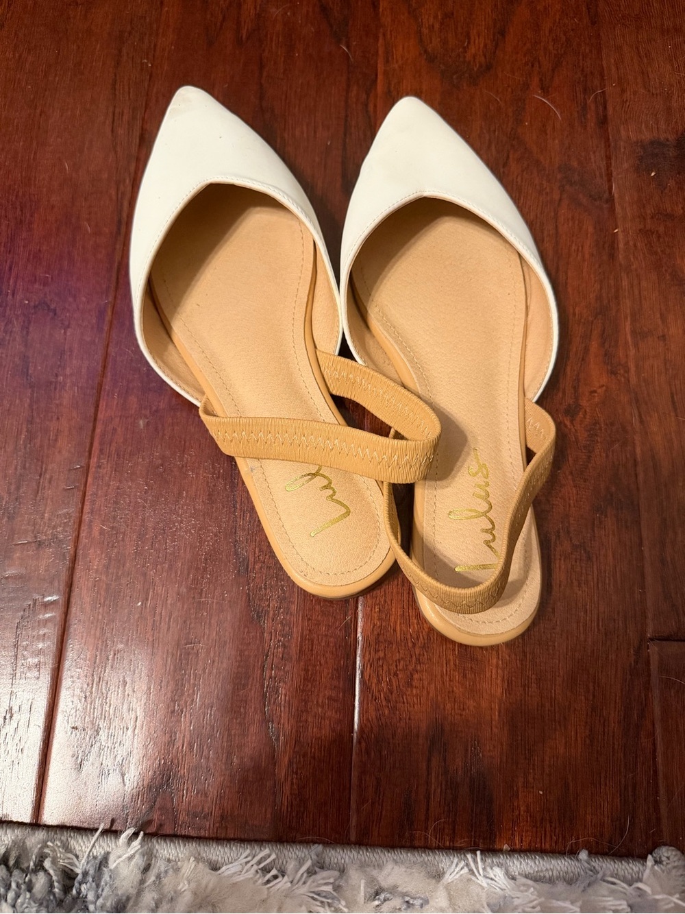 Lulu's White Pointed Toe Slingback Flats with Tan Straps